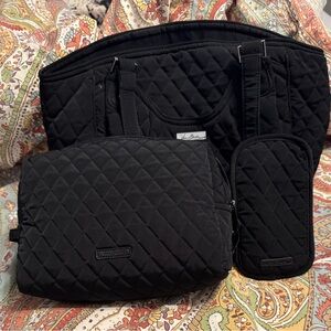 Vera Bradley Black Quilted Tote Set makeup bag sunglasses case hold 2 pairs